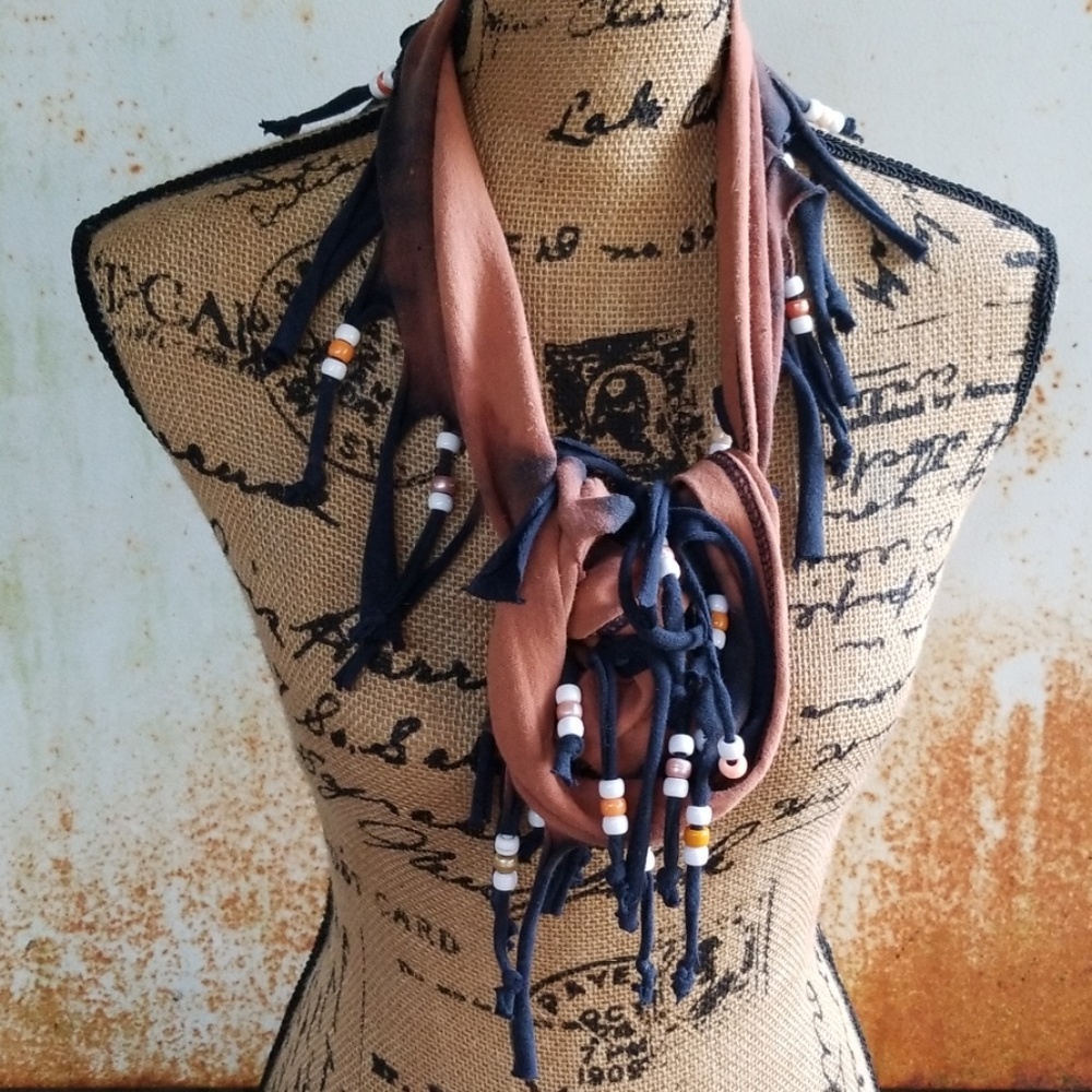 Western Boho Handmade Rust Fringe Beaded Scarf - Picture 3 of 3